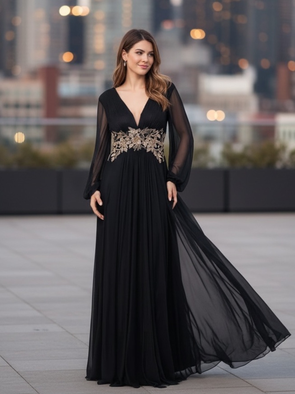 Betsy & Adam Black Plunge-Neck Blouson-Sleeve Gown Sz 8